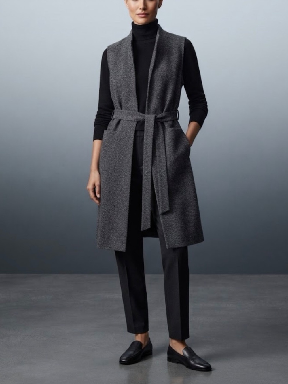 Banana Republic Long Length Vest Open Front Belted Charcoal Tweed Pockets Small